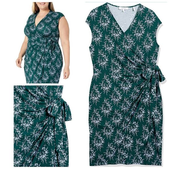 Lark & Ro Green Floral Cap Sleeves Wrap Mini Dress Size 3X - Picture 1 of 12